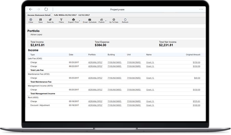 Laptop screen showcasing Propertyware's REO asset management features.